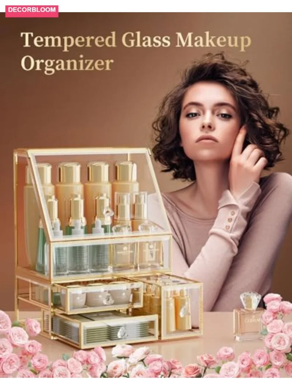 Glass Makeup Organizer with Drawer, Stackable Skincare Holder, Vanity Storage